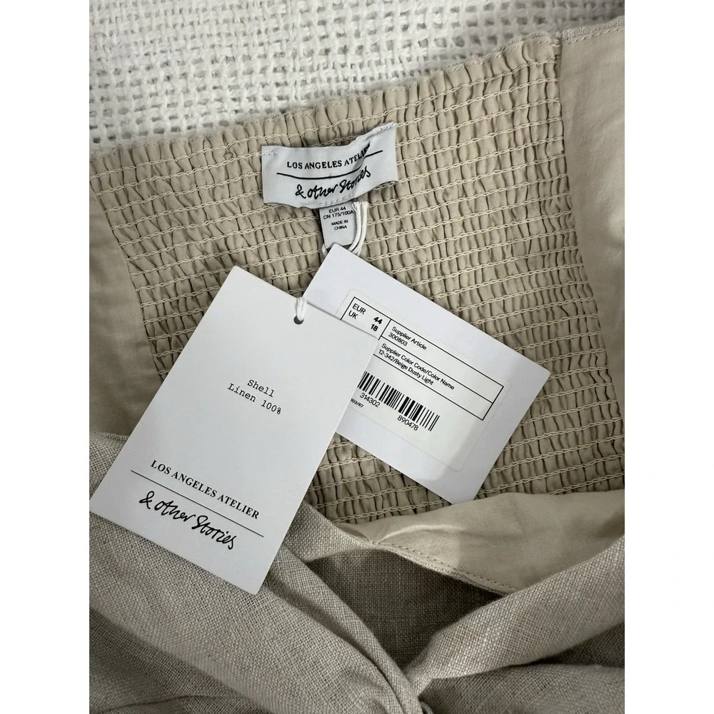 Los Angeles Atelier & Other Stories Top Cropped Puff Sleeve Linen Smocked Beige - Picture 7 of 8